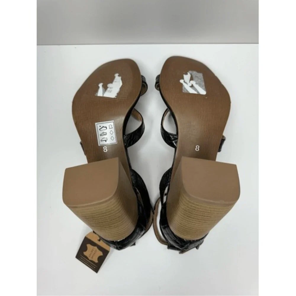 Crevo Women Black Croc Embossed Leather Block Heel Strappy Sandals Size 8 NEW